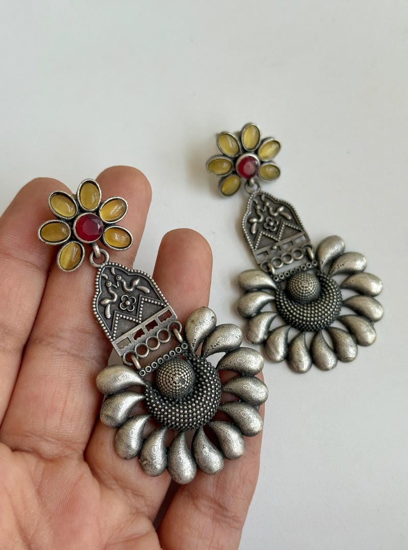 SILVERLOOKALIKE STONE WORK EARRINGS