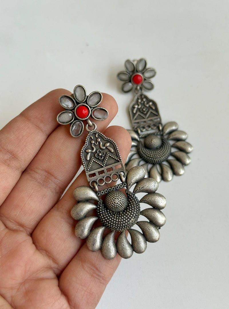 SILVERLOOKALIKE STONE WORK EARRINGS